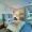 a bedroom with tall ceilings